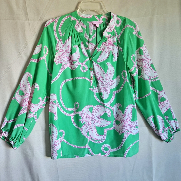 Lilly Pulitzer 100% silk Elsa blouse  green pink twinkle size XS RN#88189 - Picture 3 of 14